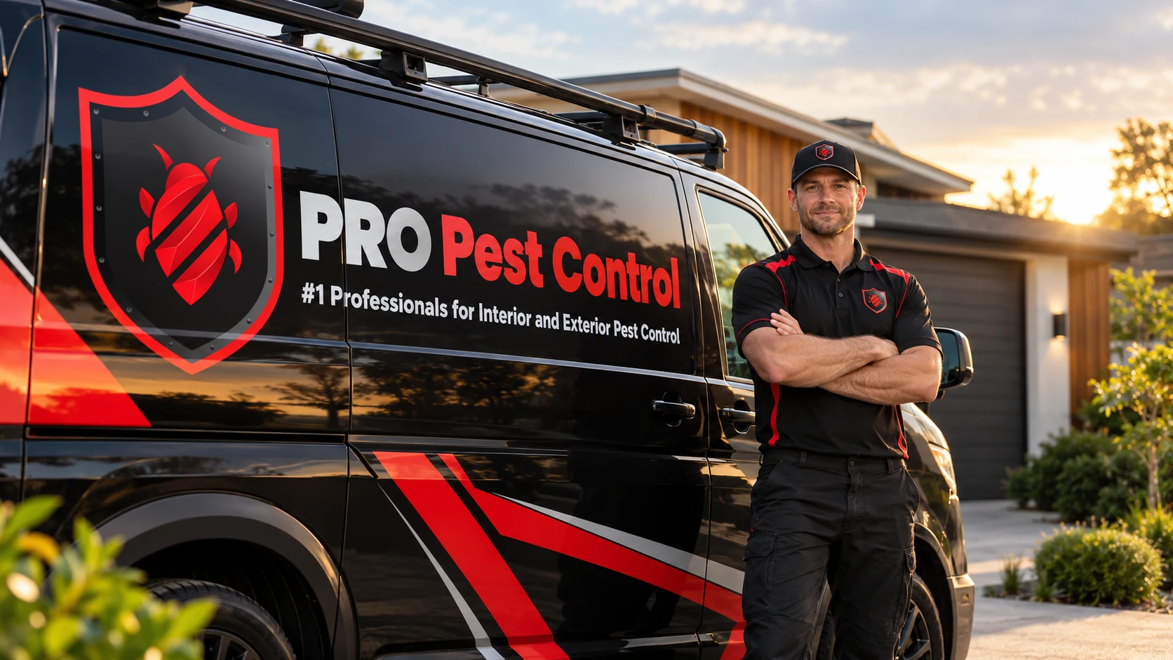 Pro Pest Control technician and branded van outside an Auckland home